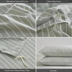 MooMee Striped Duvet Cover Set 100% Washed Cotton Linen Like Textured Breathable Durable Soft Comfy (Sage Green White Wide Stripes, Alaska King 132"x120")