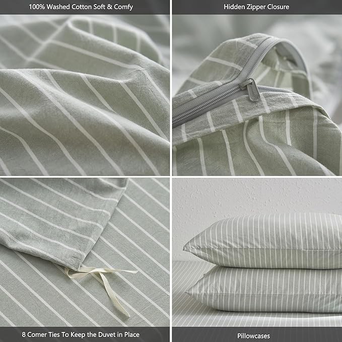 MooMee Striped Duvet Cover Set 100% Washed Cotton Linen Like Textured Breathable Durable Soft Comfy (Sage Green White Wide Stripes, Palatial King/Oversized King 120"x98")