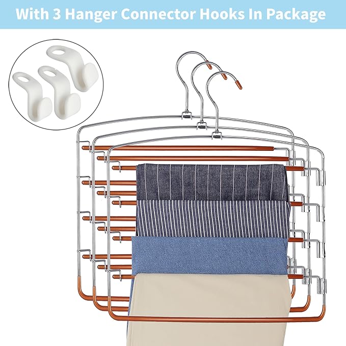 FeeraHozer Pants Hangers Non Slip 3 Pack Space Saving Hangers Multi-Layer Swing Arm Stainless Steel Space Saver Rack for Jeans Scarf Trouser Clothes (Gold)