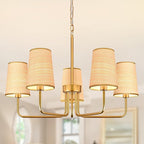 28" Gold Boho Rattan Chandelier for Living Room 5-Light Coastal Farmhouse Chandeliers for Dining Room Adjustable Rustic Boho Pendant Light Fixture Bedroom Kitchen Island Entryway Foyer