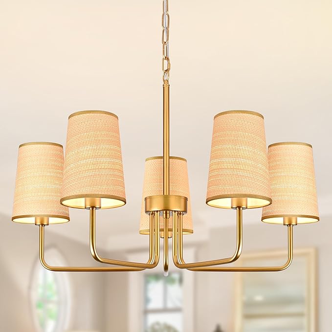 28" Gold Boho Rattan Chandelier for Living Room 5-Light Coastal Farmhouse Chandeliers for Dining Room Adjustable Rustic Boho Pendant Light Fixture Bedroom Kitchen Island Entryway Foyer