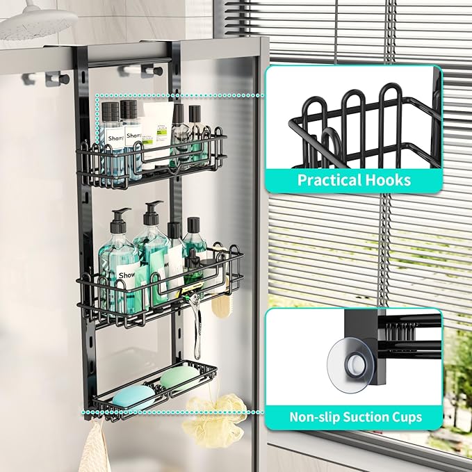 HapiRm 3 Tier Over the Door Shower Caddy, Hanging Shower Caddy with 16 Hooks and 2 Soap Holders, No Drilling Adjustable Hanging Bathroom Organizer - Black
