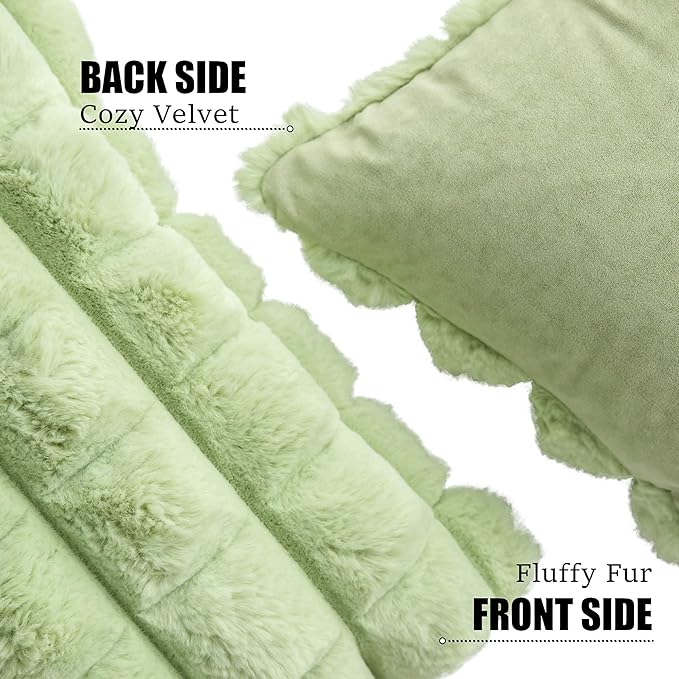 Neelvin Green Faux Fur Cozy Soft Plaid Decorative Throw Pillow Covers 22x22 inch Set of 2,Velvet Pillowcase Cushion Case for Sofa Couch