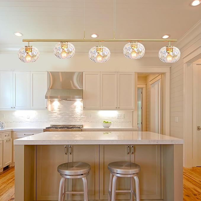 47" W Brass Chandelier Light Fixture with Stained Glass Shade, Modern Brushed Gold Island Lighting for Kitchen Dining Room