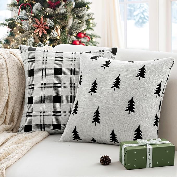 MIULEE Christmas Decorative Chenille Throw Pillow Covers, 18x18 Inch, White Black Tree, Set of 2 Cute Trees with Plaid Patterns Pillows for Sofa Couch Bedroom Chair Xmas Home Decor