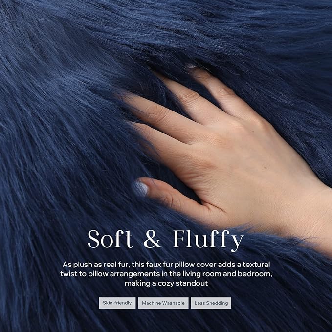 Phantoscope Pack of 2 Faux Fur Solid Throw Decorative Pillow Cover Cushion Covers Luxury Soft Decorative Pillowcase Fuzzy Pillow Covers for Bed/Couch,Navy Blue 26 x 26 Inches