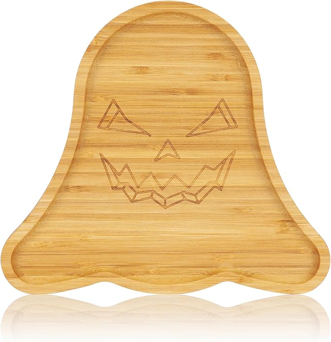 WILLKOMMEN Halloween Serving Tray, Ghost Shaped Charcuterie Board, Bamboo Serving Platter 10" x 9" for Party Child Spooky Cheese Appetizer Board Serving Plate Dishes for Snacks, Candy, Cookies