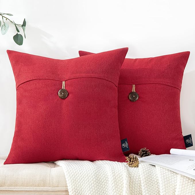 Phantoscope Pack of 2 Farmhouse Throw Pillow Covers Premium Coconut Button Vintage Linen Solid Decorative Pillow Cover for Couch Bed and Chair Red 18 x 18 inches 45 x 45 cm