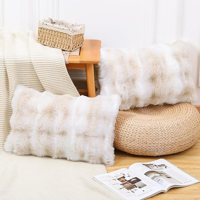 MADIZZ Pack of 2 Thick Plush Wool Throw Pillow Covers 12x20 Inch White Beige Soft Neutral Decorative Throw Pillows Accent Boho Cushion Covers for Couch Sofa Bedroom Pillow Shell
