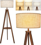 ELYONA Solid Wood Tripod Floor Lamp 3 Color Temperatures LED Blub Tall Standing Light with Table Mid Century Modern Corner Reading Floor Lamp for Living Room Bedroom Office Pull Chain Controls Brown