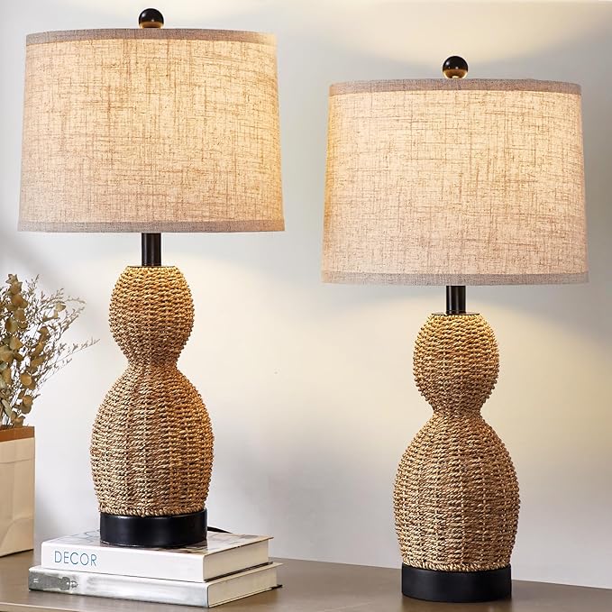 26.5" Rattan Table Lamp Boho Table Lamps Set of 2 for Living Room, Bedside Lamps for Nightstand, Rattan Lamp for Bedroom, Farmhouse Table Lamps for Boho Decor, End Table