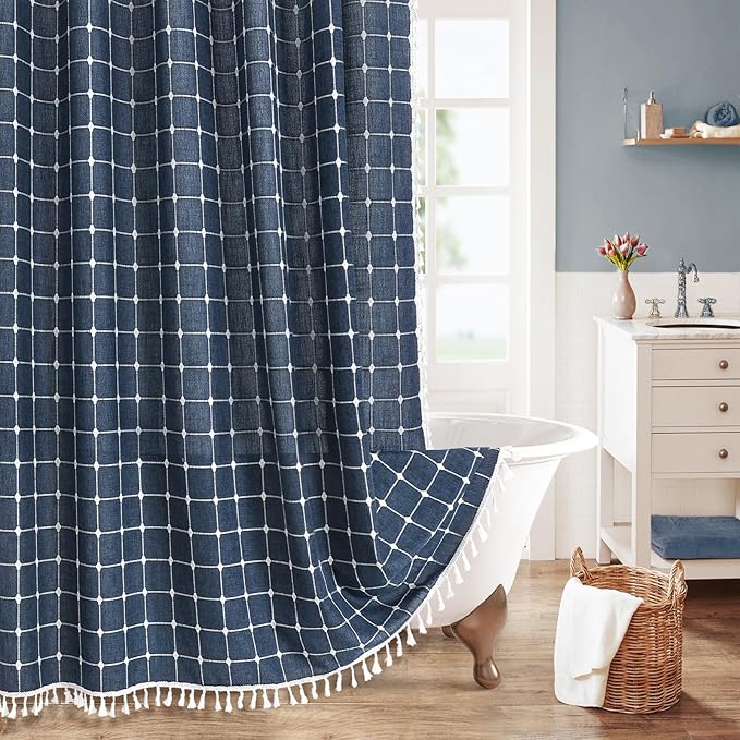 MitoVilla Navy Blue Boho Shower Curtains for Modern Farmhouse Bathroom Decor, Country Thick Polyester Linen Fabric Shower Curtain with Tassel, 72 x 72