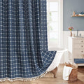 MitoVilla Navy Blue 72 x 78 Farmhouse Shower Curtain, Boho 78 inch Long Polyester Linen Tassel Fabric Shower Curtain Set for Chic Cottagecore French Rustic Bathroom Decor