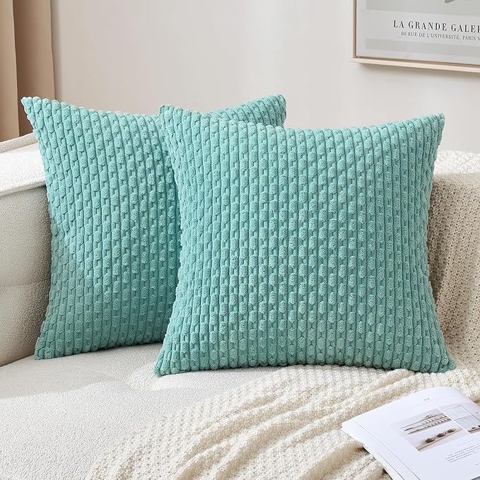 MIULEE Pack of 2 Decorative Throw Pillow Covers 20x20 Inch Soft Boho Striped Textured Corduroy Pillow Covers Modern Farmhouse Home Decor for Couch Bed Sofa Living Room Aqua Green