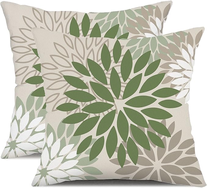 DFXSZ Army Green Pillow Covers 20x20 Inch Set of 2 Flower White Gray Elegant Colored Throw Pillows Outdoor Waterproof Decor for Patio Funiture Garden Living Room Sofa Polyester Pillow Covers 002G20