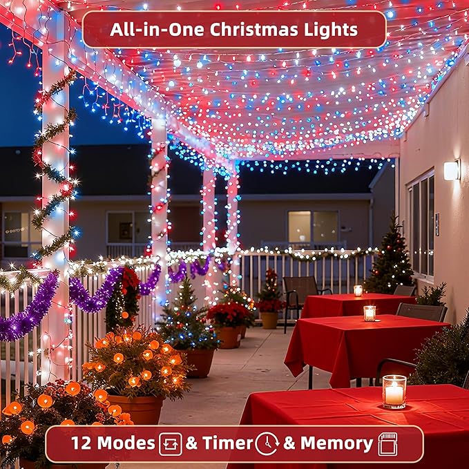 240ft Outdoor Christmas Lights, 750 LED Super Long String Lights 12 Modes & Timer Memory, Dimmable Waterproof Light Strings for Xmas Room Garden Wedding Party Holiday Decorations Red White & Blue