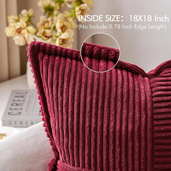 MIULEE Christmas Decorative Throw Pillow Covers for Couch Bed Livingroom 18x18 Inch Set of 2 Burgundy Boho Accent Throw Pllows Broadside Striped Patchwork Soft Corduroy Pillowcases