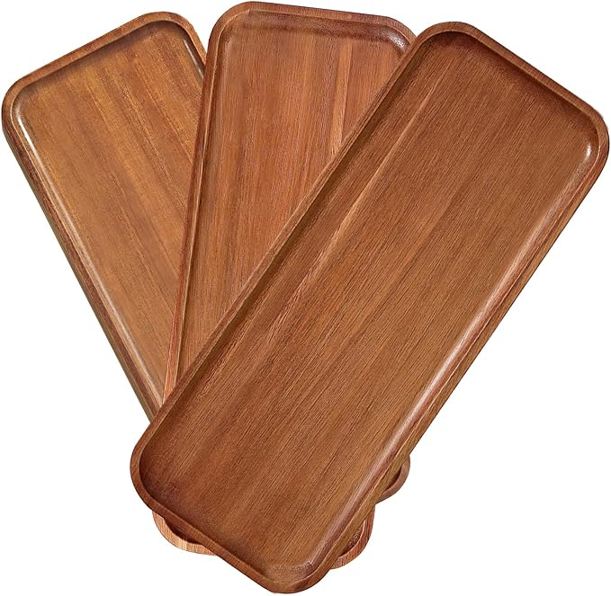 Acacia Wood Serving Platters and Trays - 14" x 5.5" Wooden Mini Charcuterie Boards, Small Cheese Board, Rectangle Wooden Tray for Kitchen Counter, Bathroom, Home Decor, Party (3, 14"X5.5")