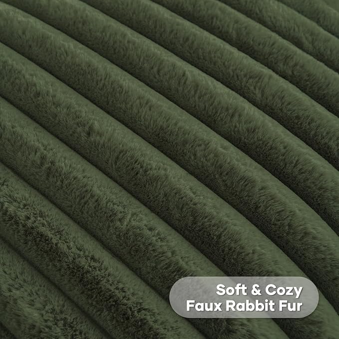 FUTEI Olive Green Striped Decorative Throw Pillow Covers 18x18 Inch Set of 2,Square Winter Decorations Couch Pillow Case,Soft Cozy Faux Rabbit Fur & Velvet Back,Modern Home Decor for Bed