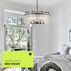 Black Crystal Chandeliers for Dining Room 6-Light, 22” Modern Water Ripple Glass Light Fixture, Farmhouse Round Lighting for Kitchen Island, Bar Table