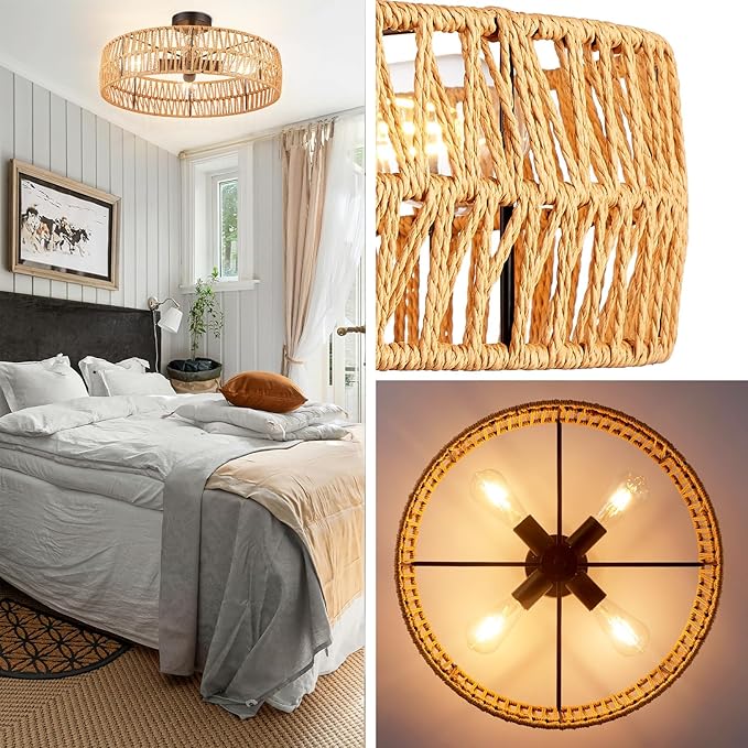 Hamilyeah 20 inch Boho Flush Mount Ceiling Light Fixture, Rattan Ceiling Light Fixture with 4 Light,Woven Light Fixtures Ceiling Mount for Living Room, Bedroom, Kitchen