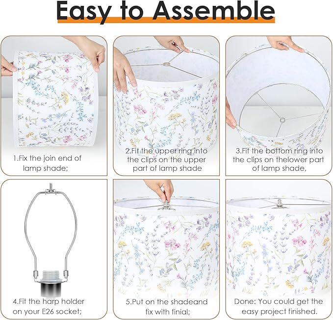 Lamp Shades Set of 2, Drum Lampshades 13" Top x 13" Bottom x 10" High with Spider Fitter, Large Replacement Lamp Shades for Table Lamps, Floor Lamps, Easy Assembly Required (2, Print - A)