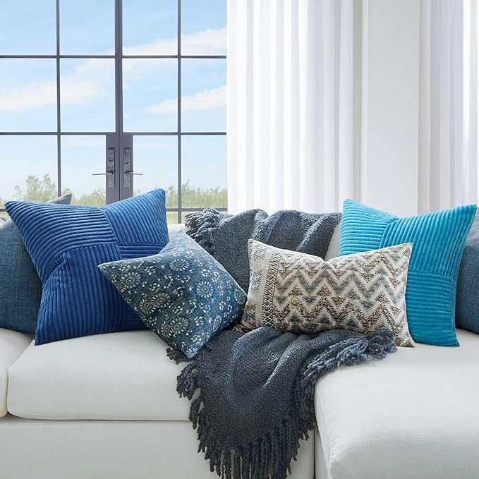 Topfinel LightBlue Decorative Throw Pillow Covers,18x18 Blue Pillow Covers Set of 4 with Striped Corduroy,Boho Soft Accent Navy BlueCushion Covers for Couch,Bed,Living Room Home Decor
