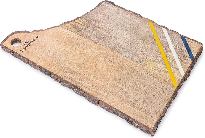 Mango Wood With Tree Bark Multi Cutting Board, Chopping Board, Cheese Board, Bread, and Charcuterie - Decorative Wooden Serving Board for Kitchen and Dining 14x9 Inches