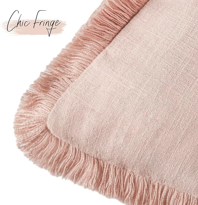 Foindtower Set of 2 Decorative Linen Fringe Throw Pillow Covers Boho Farmhouse Cushion Cover with Tassels Soft Accent Pillowcase for Couch Chair Sofa Bed Living Room Home Decor,18×18 Inch,Dusty Pink