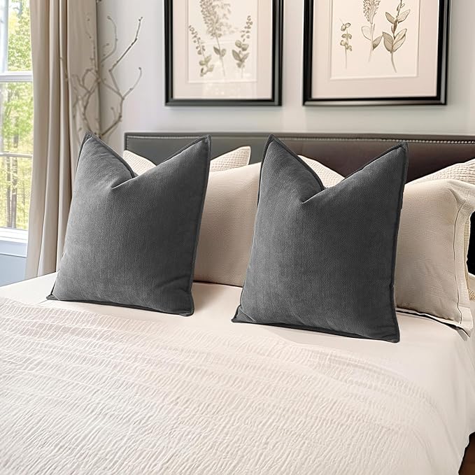 MIULEE Pack of 2 Dark Grey Decorative Pillow Covers 18x18 Inch Soft Chenille Luxurious Couch Throw Pillows Farmhouse Cushion Covers with Elegant Design for Sofa Bedroom Living Room Home Decor