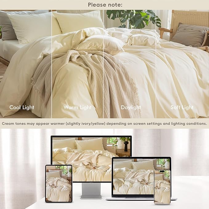 MooMee Bedding Duvet Cover Set 100% Washed Cotton Linen Like Textured Breathable Durable Soft Comfy (Solid Cream White, Twin 68"x90")