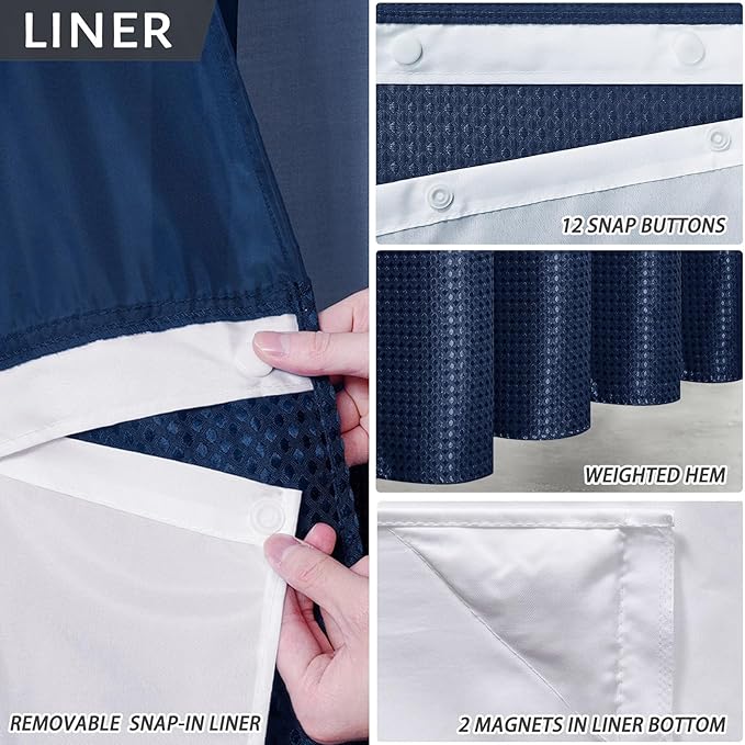 No Hook Waffle Weave Shower Curtain with Snap in Fabric Liner Set,Heavy Duty Textured Bathroom Curtain with See Through Window,Waterproof & Machine Washable,Navy Blue,71x78 Inch