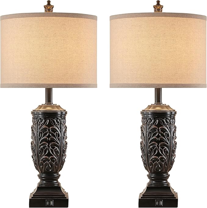 28.5” Vintage Farmhouse USB A+C Table Lamps Set of 2 for Living Room Bedroom Tall Rustic Bedside Nightstand Lamp Retro Traditional End Table Lamps for Entryway Home Office Decor Antique Black Accent