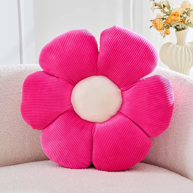 Hot Pink Flower Pillow, 14.9" Cute Flower Shaped Floor Pillow, Aesthetic Floral Plush Daisy Decorative Throw Pillows for Bed Sofa Couch