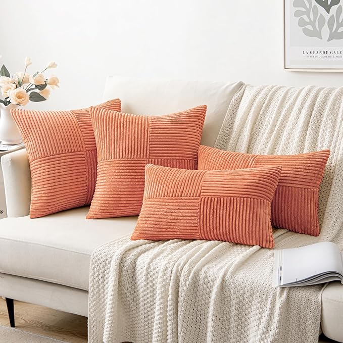 MIULEE Coral Red Corduroy Pillow Covers Pack of 2 Boho Decorative Spliced Throw Pillow Covers Soft Solid Couch Pillowcases Cross Patchwork Textured Cushion Covers for Living Room Bed Sofa 18x18 inch