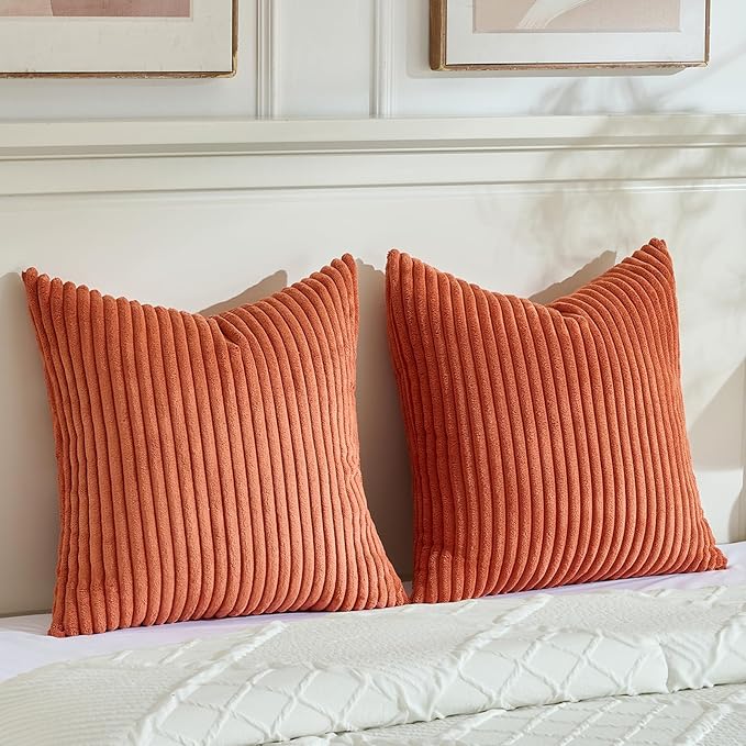 Fancy Homi Set of 2 Burnt Orange Fall Decorative Throw Pillow Covers 24x24 Inch for Couch Bed Sofa, Autumn Halloween Thanksgiving Home Decor, Soft Plush Corduroy Cute Aesthetic Cushion Case 60x60 cm