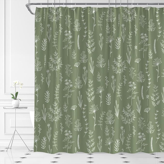 Sage Green Herbs Shower Curtain Boho Floral Retro Botanical Vintage Farmhouse Cute Leaves Plant Flowers Bathroom Curtain Set with Hooks(36" WX70 H)