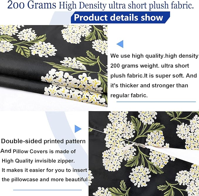 Decorative Throw Pillow Covers Set of 2 Black Hydrangea Pillow Covers 20x20 inch Super Soft Short Plush Square Floral Throw Pillows,Farmhouse Outdoor Pillow Covers for Couch Living Room