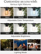 Brightech Ambience Pro Solar String Lights for Outside - Super Bright Remote Control Color Adjustable Outdoor String Light - Commercial Grade String, 15 Waterproof LED Bulbs for Patios, Camping - 48Ft