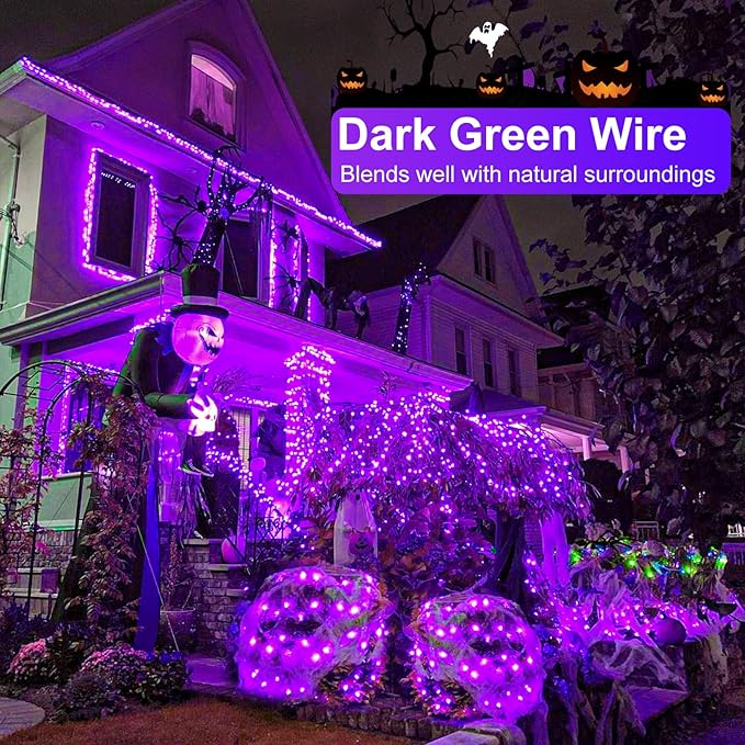 Purple Halloween Lights Outdoor, 100FT 300 LED Halloween String Lights with 8 Modes Waterproof, Plug in Green Wire Twinkle Tree Light for Indoor House Patio Garden Party Decorations
