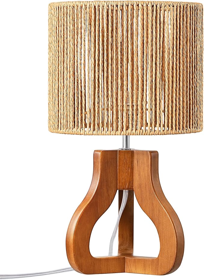 EDISHINE Small Table Lamp, Wood Rattan Nightstand Lamp with ON-Off Switch,E26 Base, Bedside Lamp for Living Room, Bedroom, Bohemian