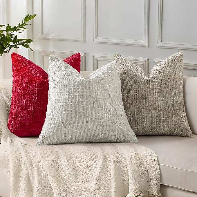decorUhome Christmas Red Chenille Throw Pillow Covers 20x20 Set of 2 Thick Textured Slubby Couch Pillow Covers Farmhouse Accent Modern Neutral Decorative Pillow Cases for Bed Sofa Living Room
