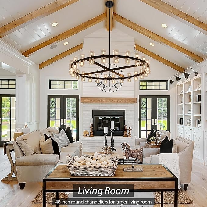 Modern 48 inch Black Round Chandeliers Light Fixture, Crystal Chandeliers for Dining Room, Living Room Chandelier, Wagon Wheel Chandelier Over Table, Suitable for Bedroom,Foyer,Includes Bulb