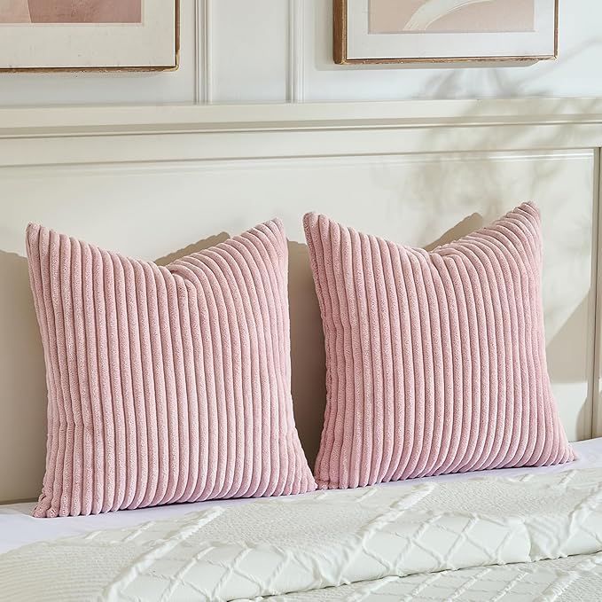 Fancy Homi Set of 2 Blush Pink Boho Decorative Throw Pillow Covers 24x24 Inch for Couch Bed Sofa, Aesthetic Modern Bohemian Room Decor, Soft Fuzzy Fluffy Cozy Corduroy Textured Cushion Case 60x60cm