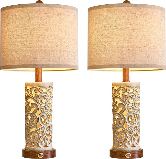 22" Dual Light Table Lamps Set of 2 for Living Room, Touch Lamp with 3-Level Dimming, USB A+C Table Lamp for Bedroom, Farmhouse Lamps for Night Stands(Brown, Bulb Included)