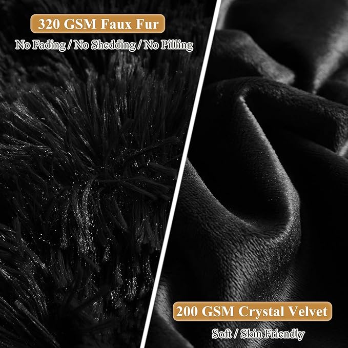 XeGe Faux Fur Throw Pillow Cases, Plush Shaggy Ultra Soft Pillow Covers, Fluffy Crystal Velvet Decorative Pillowcases, Furry Fuzzy Pillow Shams Zipper Closure, Set of 2(King, Black)