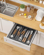 Aujen Silverware Organizer - Expandable Utensil Drawer Organizer with Non-Slip Pads, Adjustable Kitchen Drawer Organizer For Home, Apartment and Kitchen Essentials, Black, 13.6" x 1.4" x 11.0"~19.9"