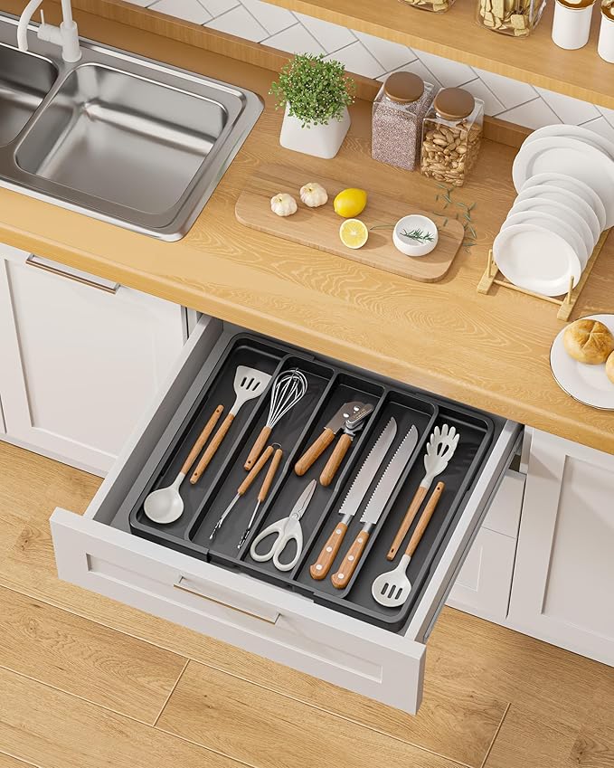 Aujen Silverware Organizer - Expandable Utensil Drawer Organizer with Non-Slip Pads, Adjustable Kitchen Drawer Organizer For Home, Apartment and Kitchen Essentials, Black, 13.6" x 1.4" x 11.0"~19.9"