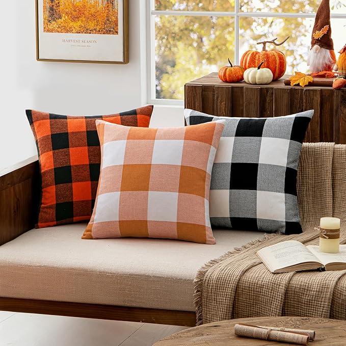 MIULEE Pack of 2 Fall Throw Pillow Covers Classic Farmhouse Buffalo Check Plaids Linen Soft Solid Orange and White Decorative Home Decor Cushion Case for Sofa Bedroom 22 x 22 Inch 55 x 55 cm