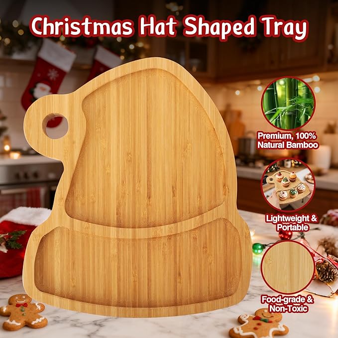 WILLKOMMEN Christmas Serving Tray, Bamboo Christmas Hat Shaped Serving Platter, Charcuterie Board Serving Dishes 10" x 9" for Party Cookie Fruit Tray Cheese Board Plate